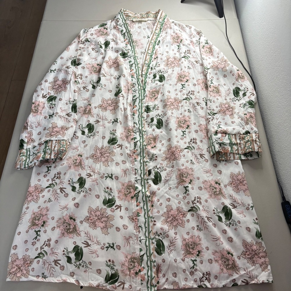 Rebellion Floral Kimono Duster Cardigan Pink Green Long Sleeve Open Front L - Picture 11 of 12